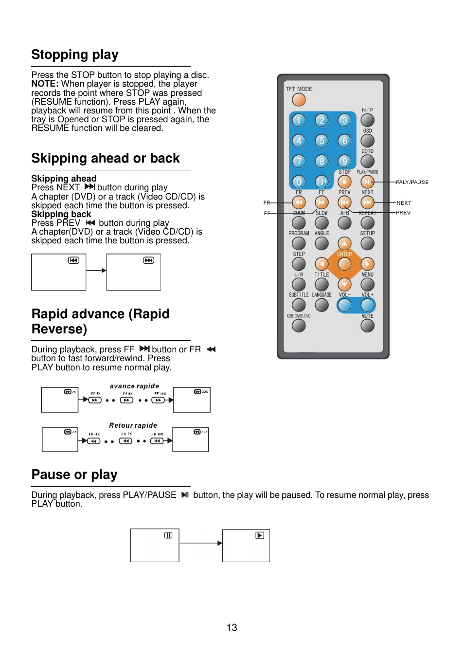 Stopping play, Skipping ahead or back, Rapid advance (rapid reverse) | Pause or play | Lenco Walky Box User Manual | Page 14 / 30