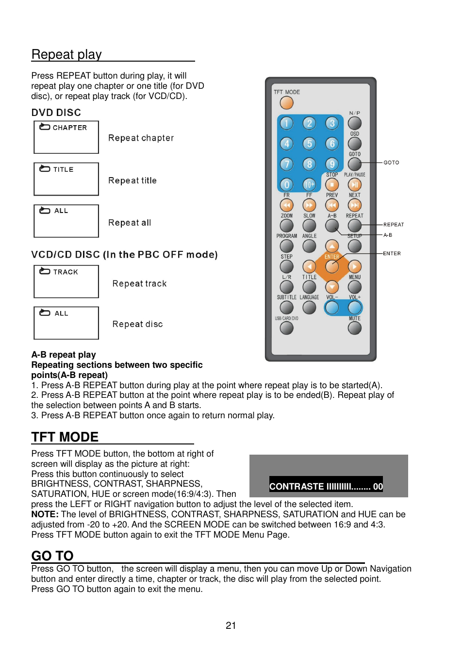 Repeat play, Tft mode, Go to | Lenco Walky Box User Manual | Page 22 / 30