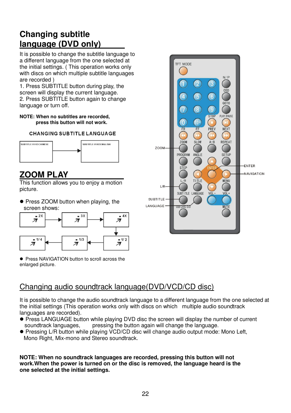 Changing subtitle language (dvd only), Zoom play | Lenco Walky Box User Manual | Page 23 / 30