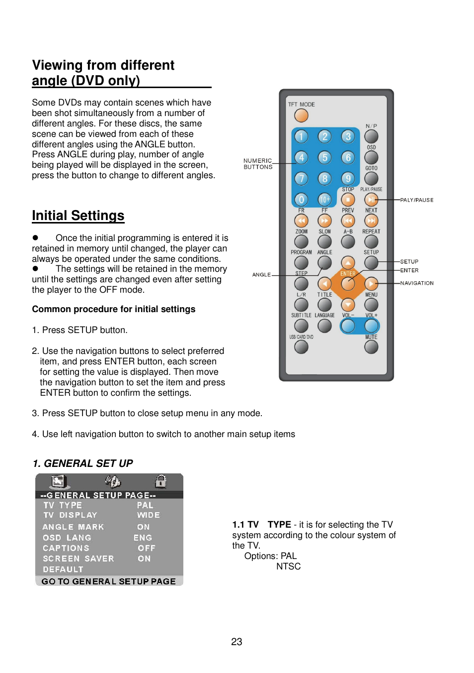 Viewing from different angle (dvd only), Initial settings | Lenco Walky Box User Manual | Page 24 / 30