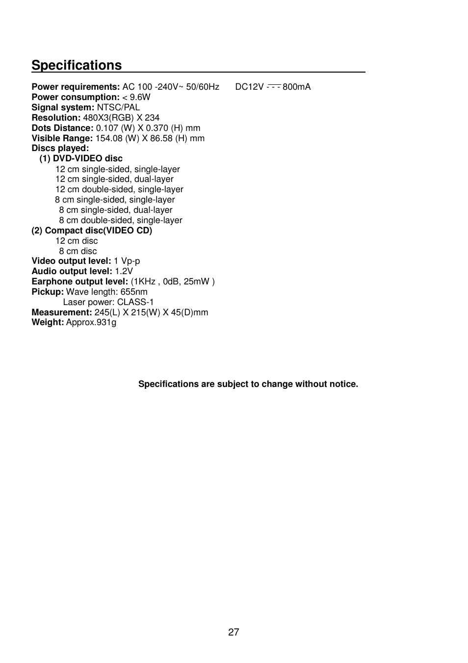 Specifications | Lenco Walky Box User Manual | Page 28 / 30