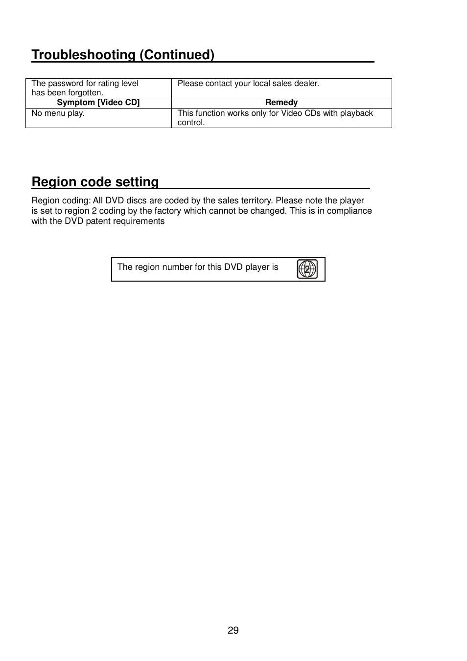 Troubleshooting (continued), Region code setting | Lenco Walky Box User Manual | Page 30 / 30