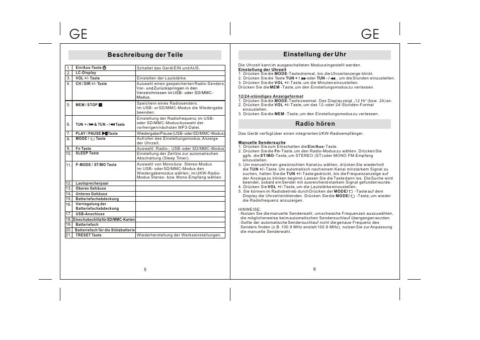 Beschreibung der teile, Einstellung der uhr radio hören | Lenco WPR-060 User Manual | Page 26 / 28