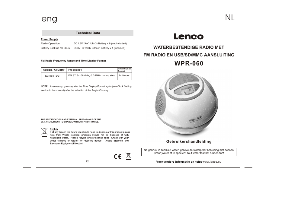 Nl eng, Wpr-060 | Lenco WPR-060 User Manual | Page 7 / 28
