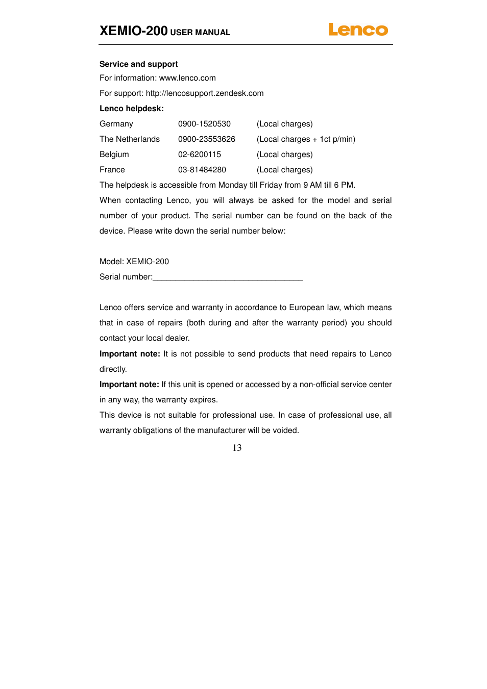 Xemio-200 | Lenco XEMIO-200 User Manual | Page 13 / 14