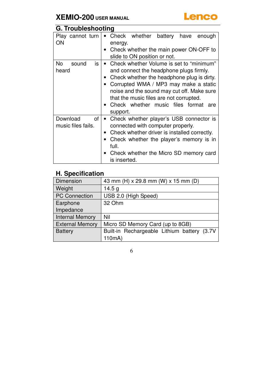 Xemio-200 | Lenco XEMIO-200 User Manual | Page 6 / 14