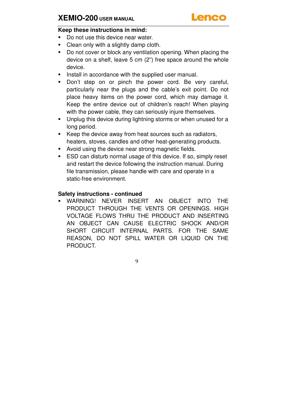 Xemio-200 | Lenco XEMIO-200 User Manual | Page 9 / 14