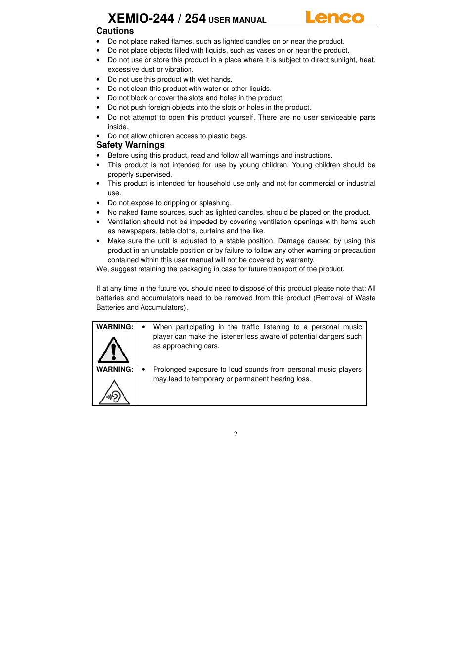 Lenco Xemio-244 User Manual | Page 2 / 9