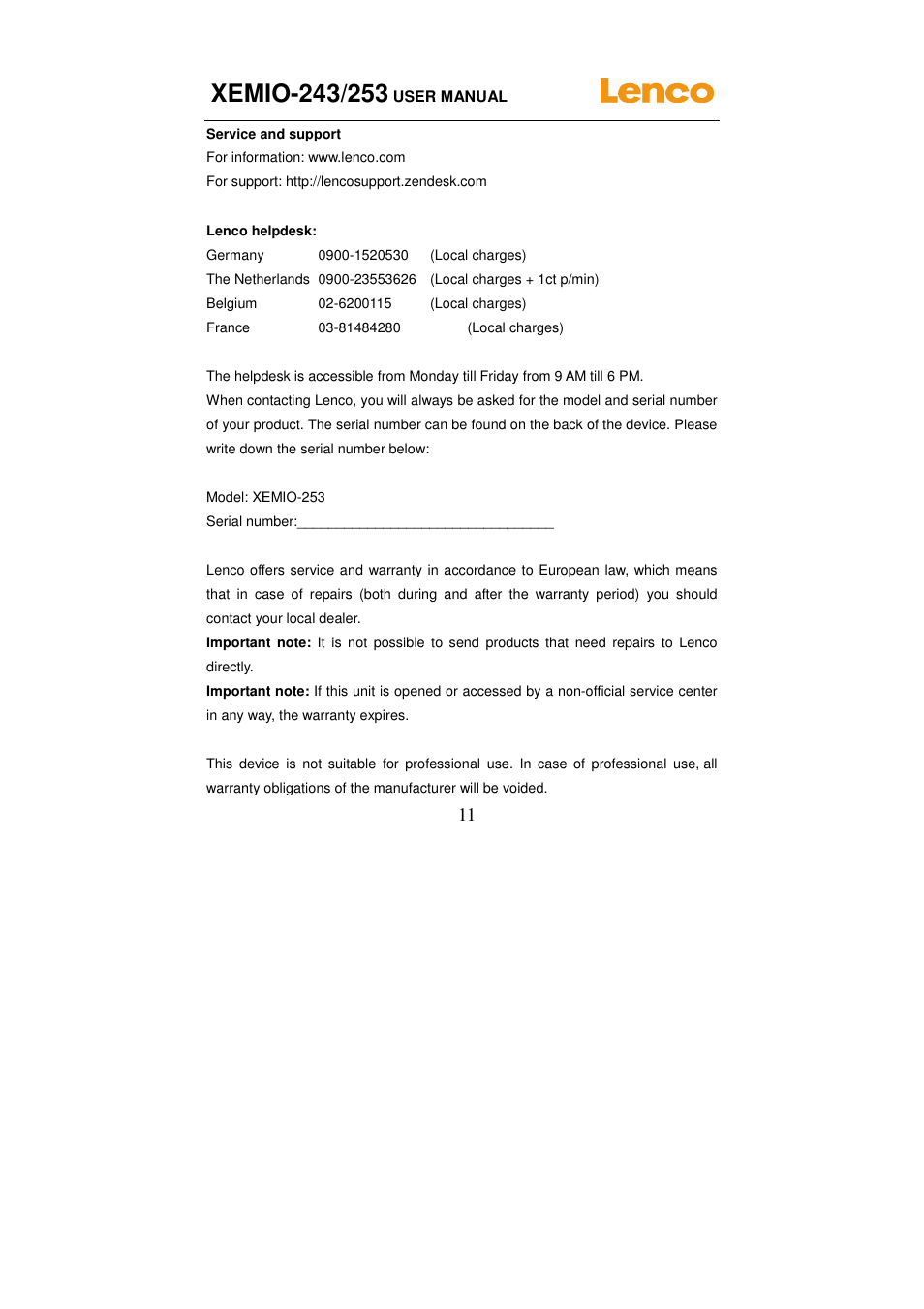 Lenco XEMIO-253 User Manual | Page 11 / 12