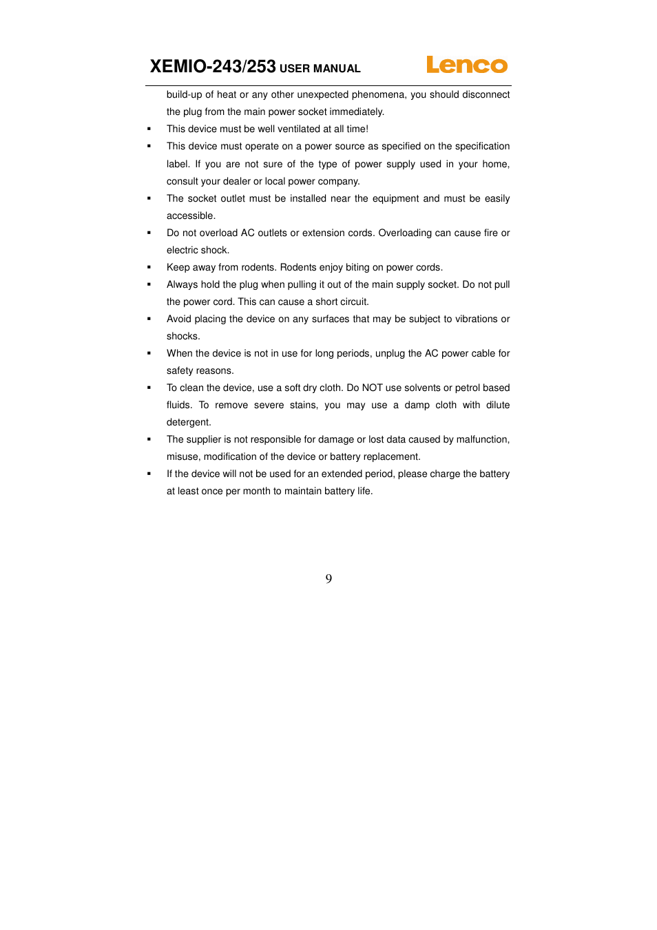 Lenco XEMIO-253 User Manual | Page 9 / 12