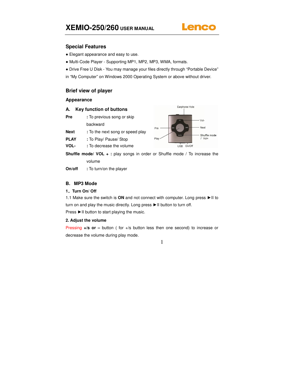 Lenco XEMIO-260 User Manual | 4 pages