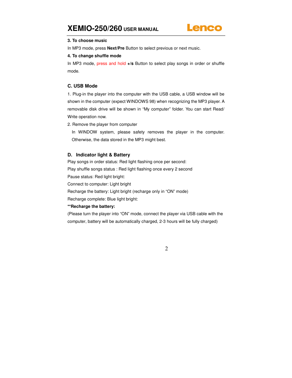 Lenco XEMIO-260 User Manual | Page 2 / 4