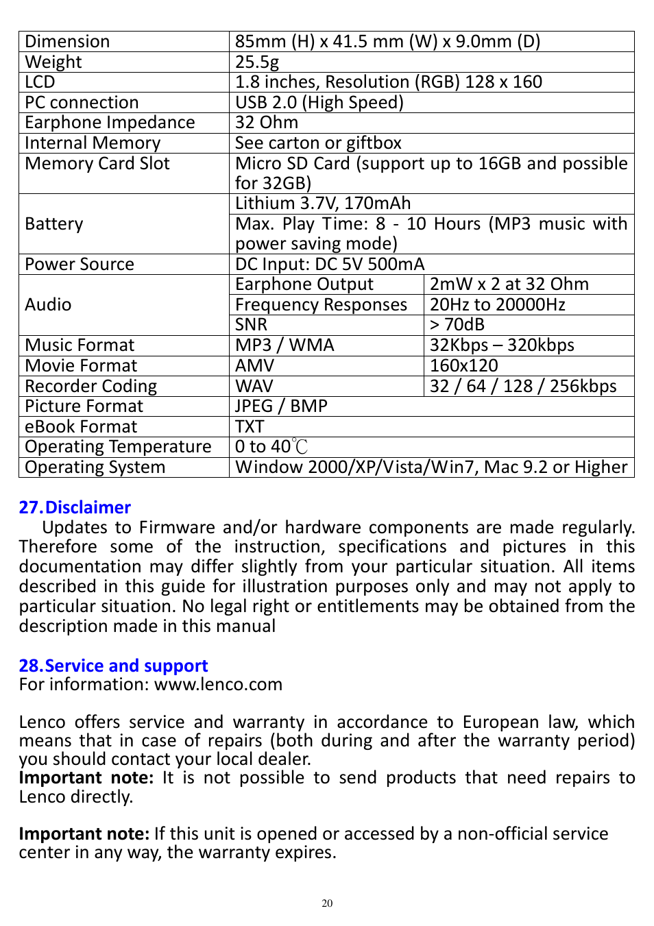 Lenco Xemio-657 User Manual | Page 20 / 22