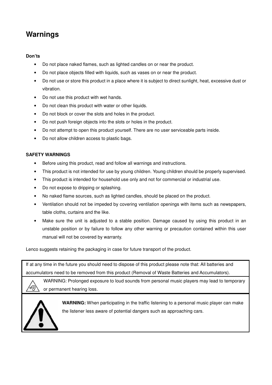 Warnings | Lenco XEMIO-858 User Manual | Page 2 / 25
