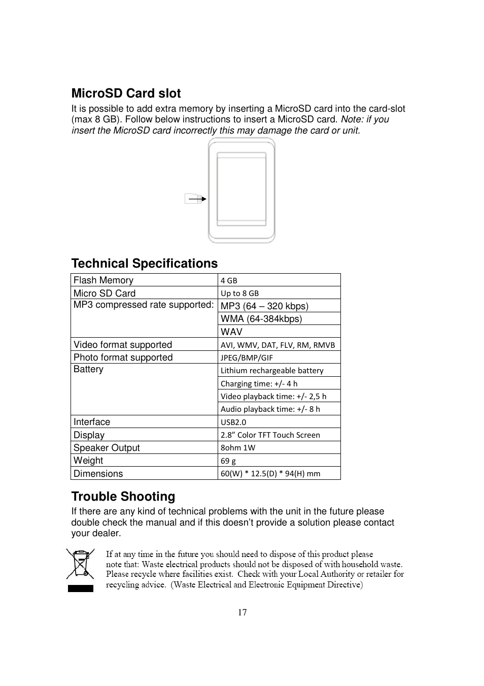 Microsd card slot, Technical specifications, Trouble shooting | Lenco XEMIO-950 User Manual | Page 17 / 17