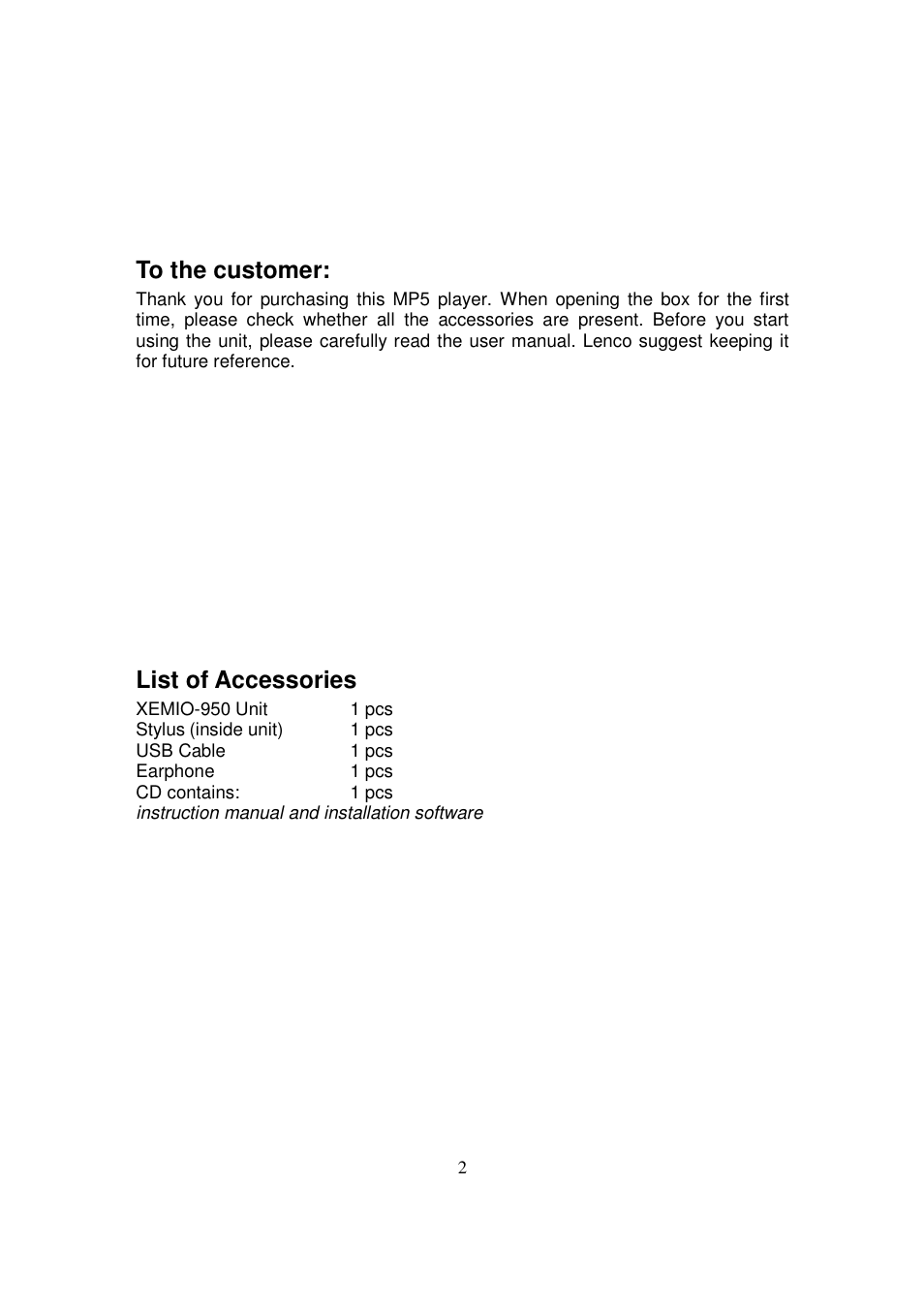 List of accessories | Lenco XEMIO-950 User Manual | Page 2 / 17