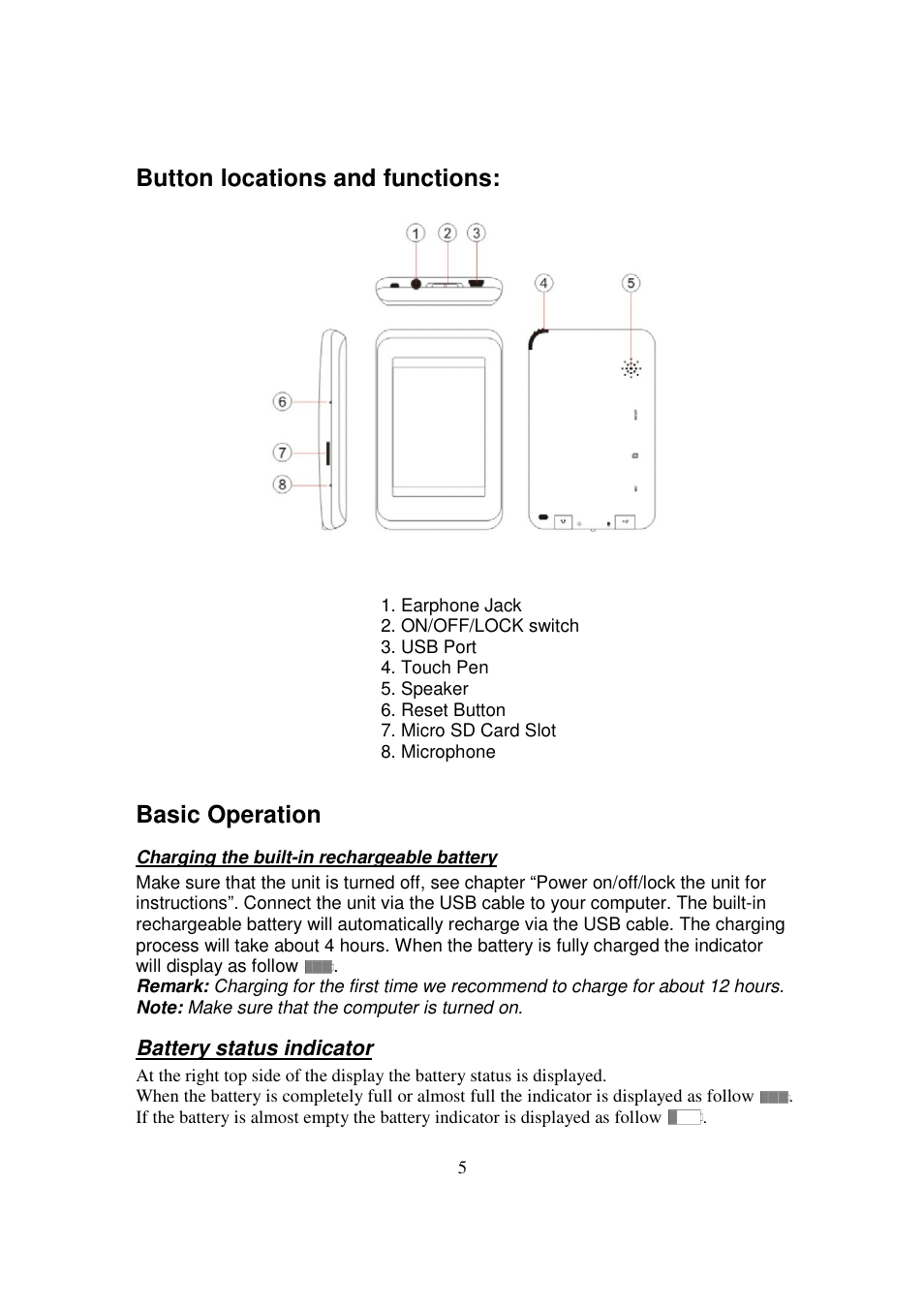 Button locations and functions, Basic operation | Lenco XEMIO-950 User Manual | Page 5 / 17