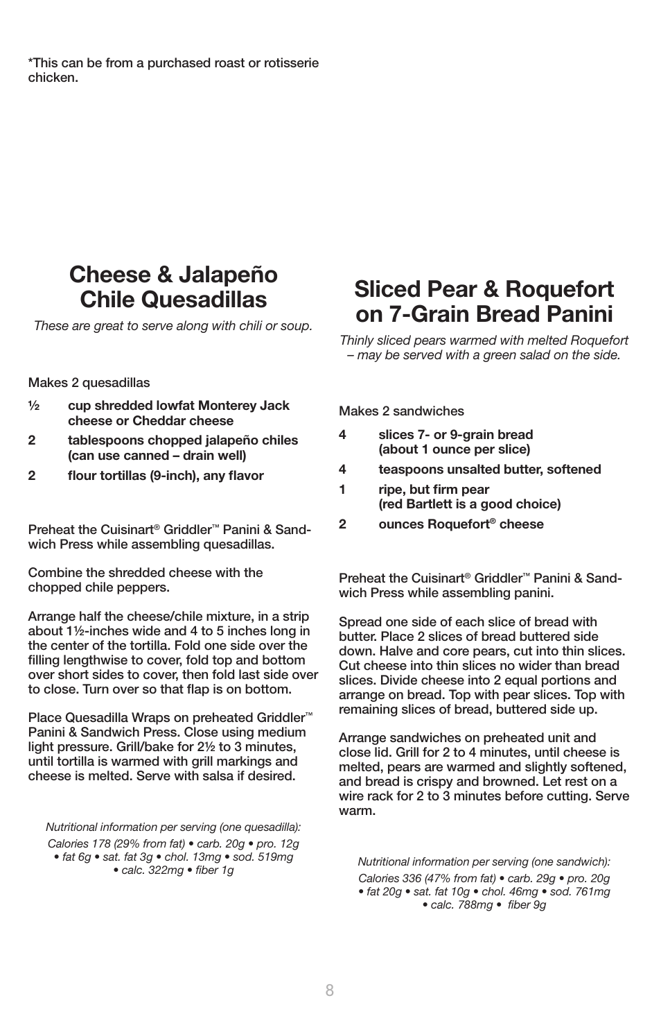 Cheese & jalapeño chile quesadillas, Sliced pear & roquefort on 7-grain bread panini | Cuisinart GR-1 User Manual | Page 12 / 16