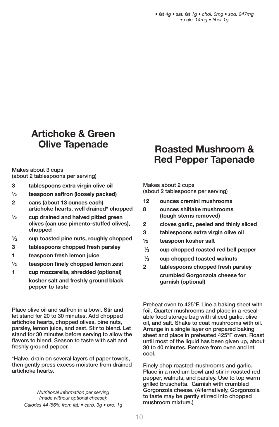 Artichoke & green olive tapenade, Roasted mushroom & red pepper tapenade | Cuisinart GR-1 User Manual | Page 14 / 16