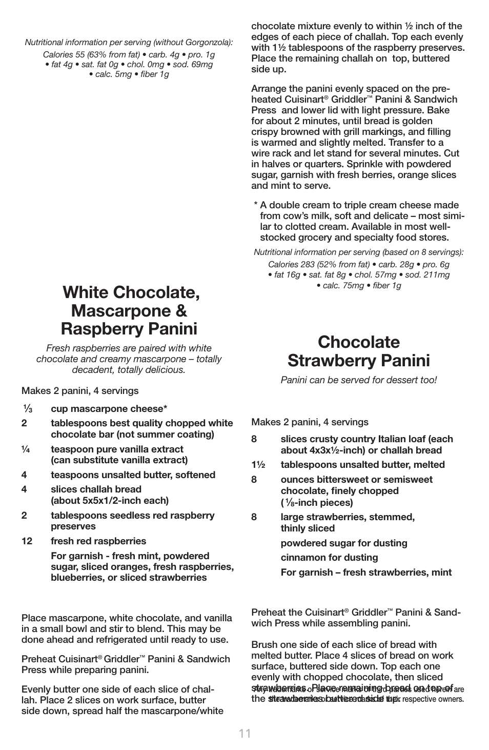 White chocolate, mascarpone & raspberry panini, Chocolate strawberry panini | Cuisinart GR-1 User Manual | Page 15 / 16