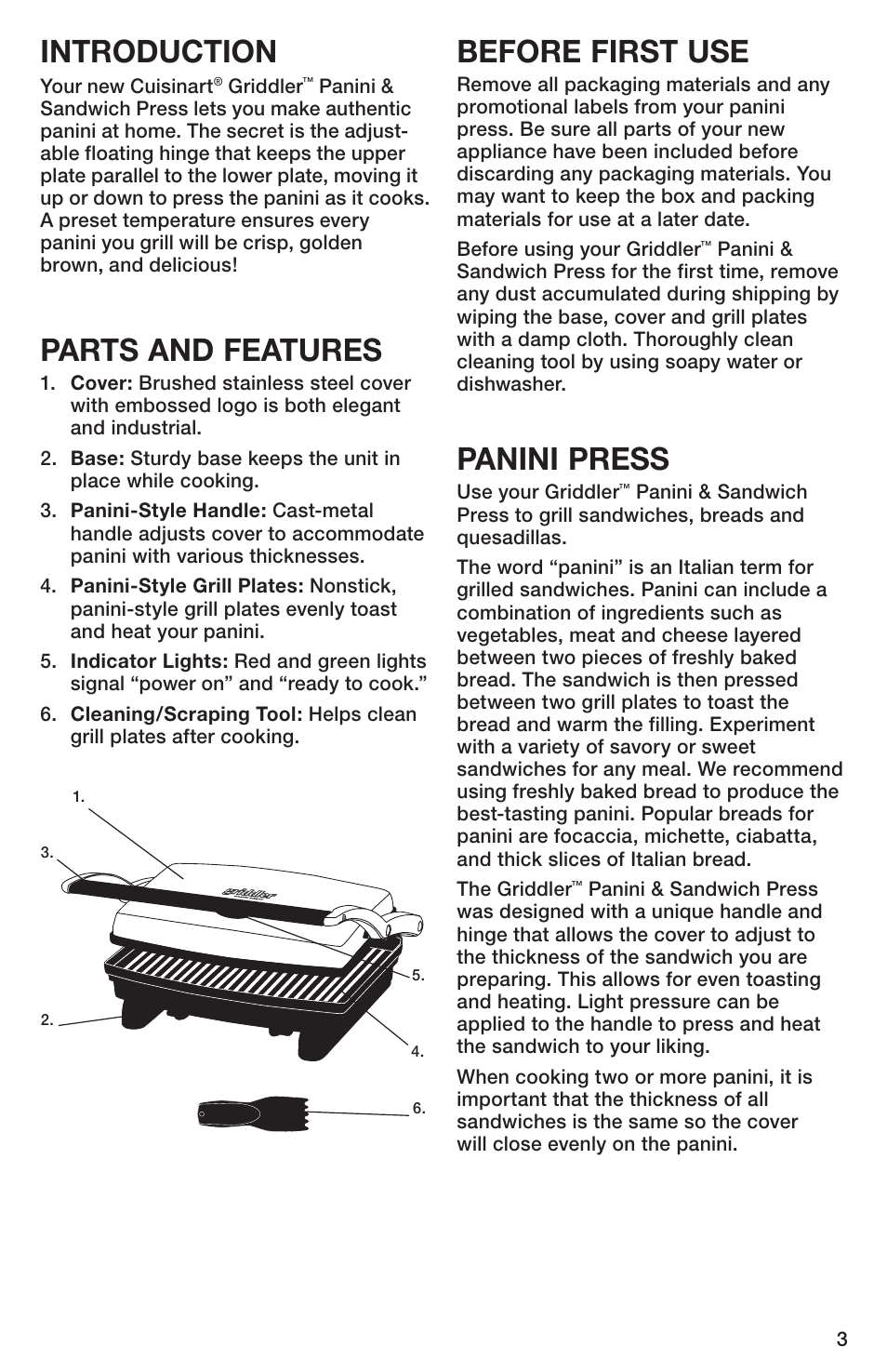 Introduction, Parts and features, Before first use | Panini press | Cuisinart GR-1 User Manual | Page 3 / 16