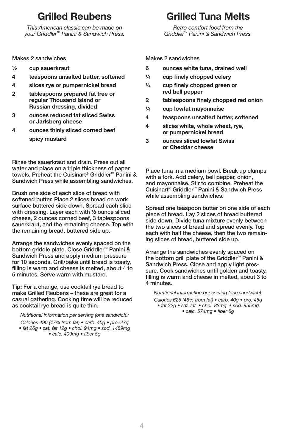 Grilled reubens, Grilled tuna melts | Cuisinart GR-1 User Manual | Page 8 / 16