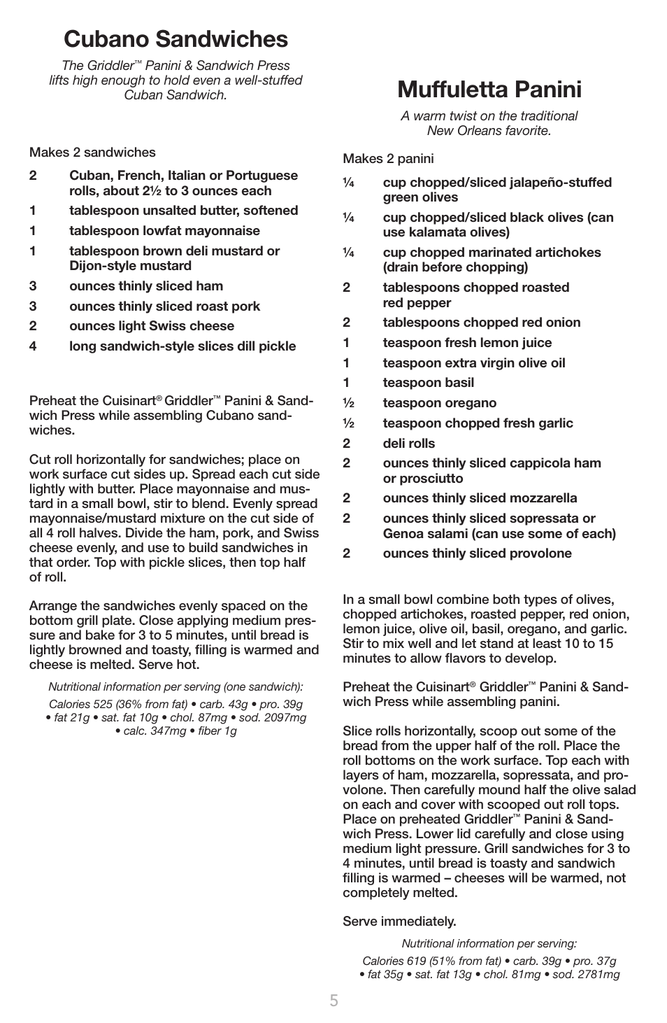 Cubano sandwiches, Muffuletta panini | Cuisinart GR-1 User Manual | Page 9 / 16