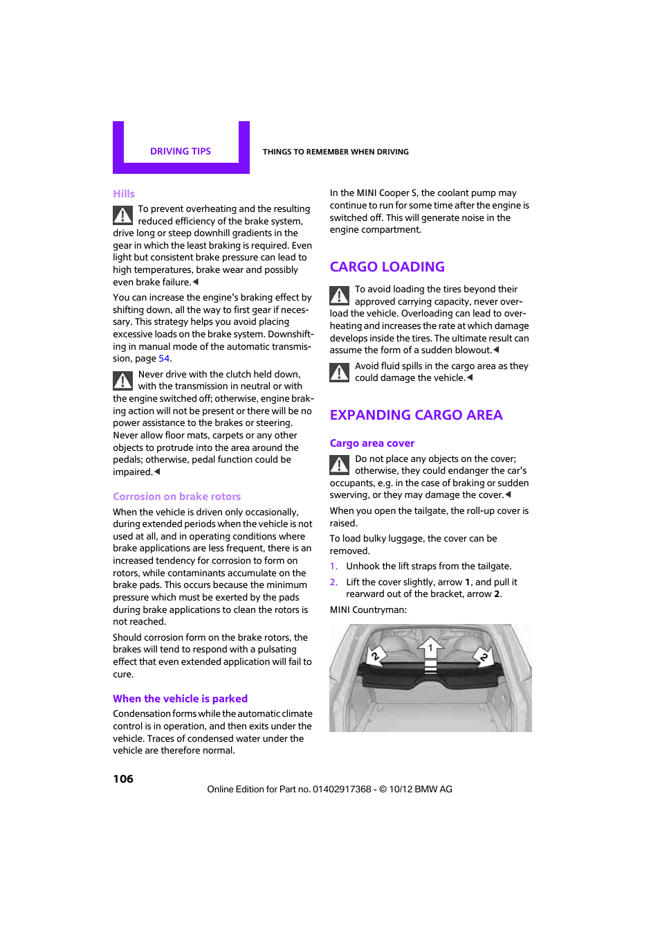 Cargo loading, Expanding cargo area | Mini 2013 Countryman User Manual | Page 107 / 275