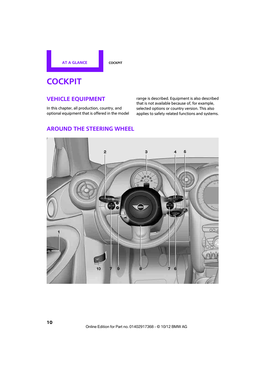 Cockpit, Vehicle equipment, Around the steering wheel | Mini 2013 Countryman User Manual | Page 11 / 275