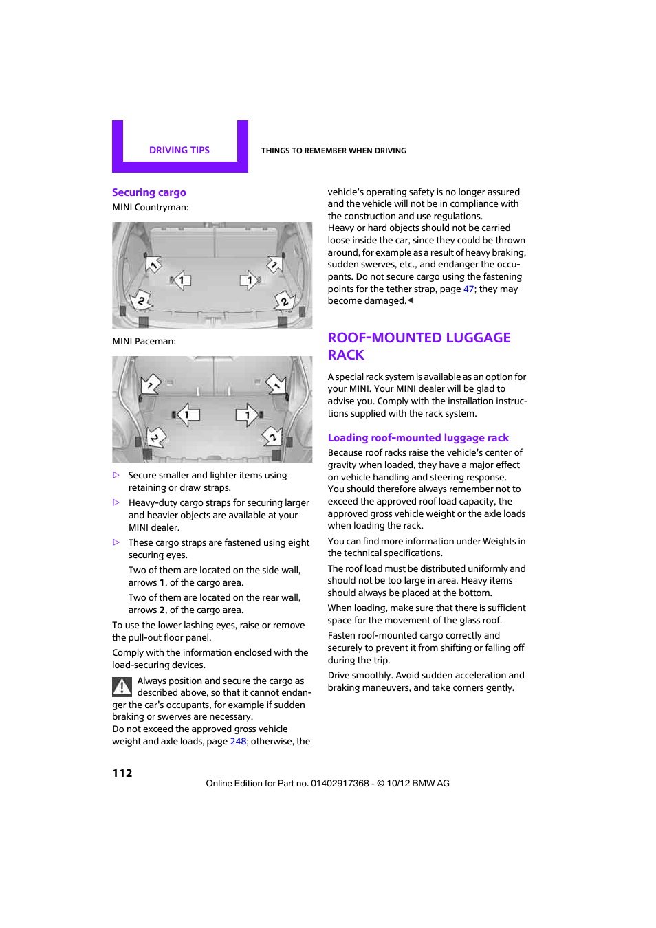 Roof-mounted luggage rack | Mini 2013 Countryman User Manual | Page 113 / 275