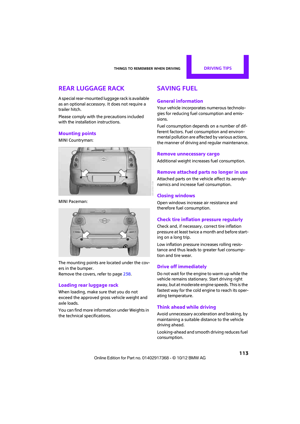 Rear luggage rack, Saving fuel | Mini 2013 Countryman User Manual | Page 114 / 275
