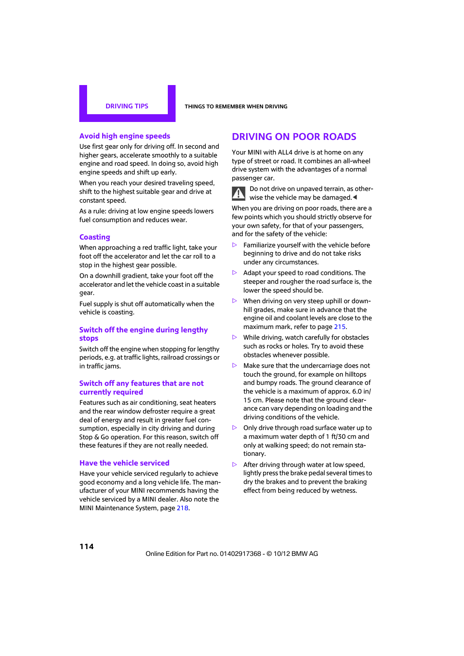 Driving on poor roads | Mini 2013 Countryman User Manual | Page 115 / 275