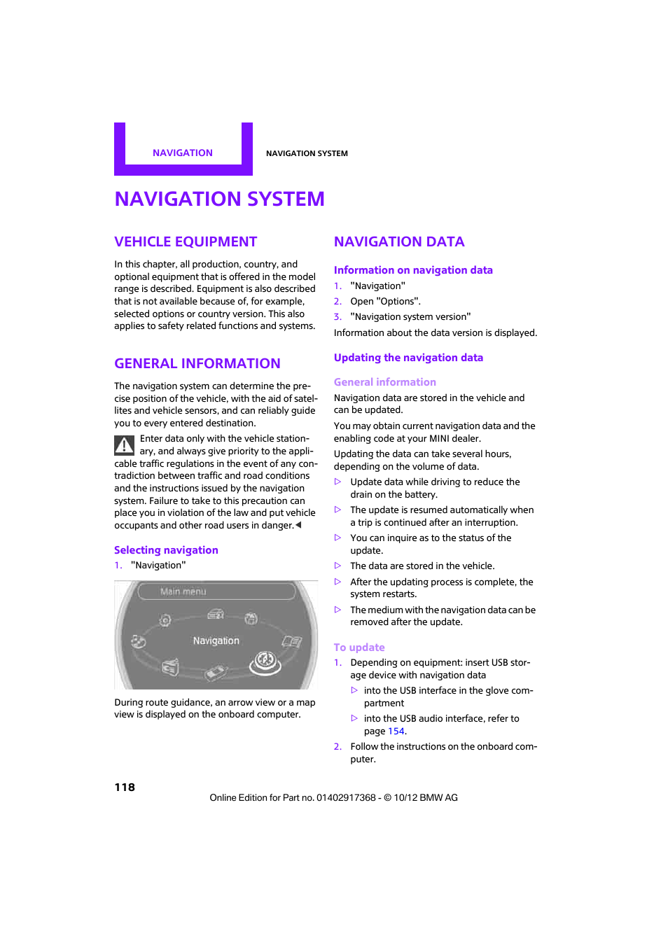 Navigation system, Vehicle equipment, General information | Navigation data | Mini 2013 Countryman User Manual | Page 119 / 275