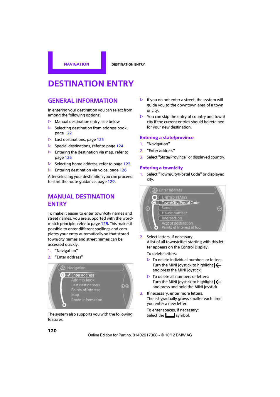 Destination entry, General information, Manual destination entry | Mini 2013 Countryman User Manual | Page 121 / 275