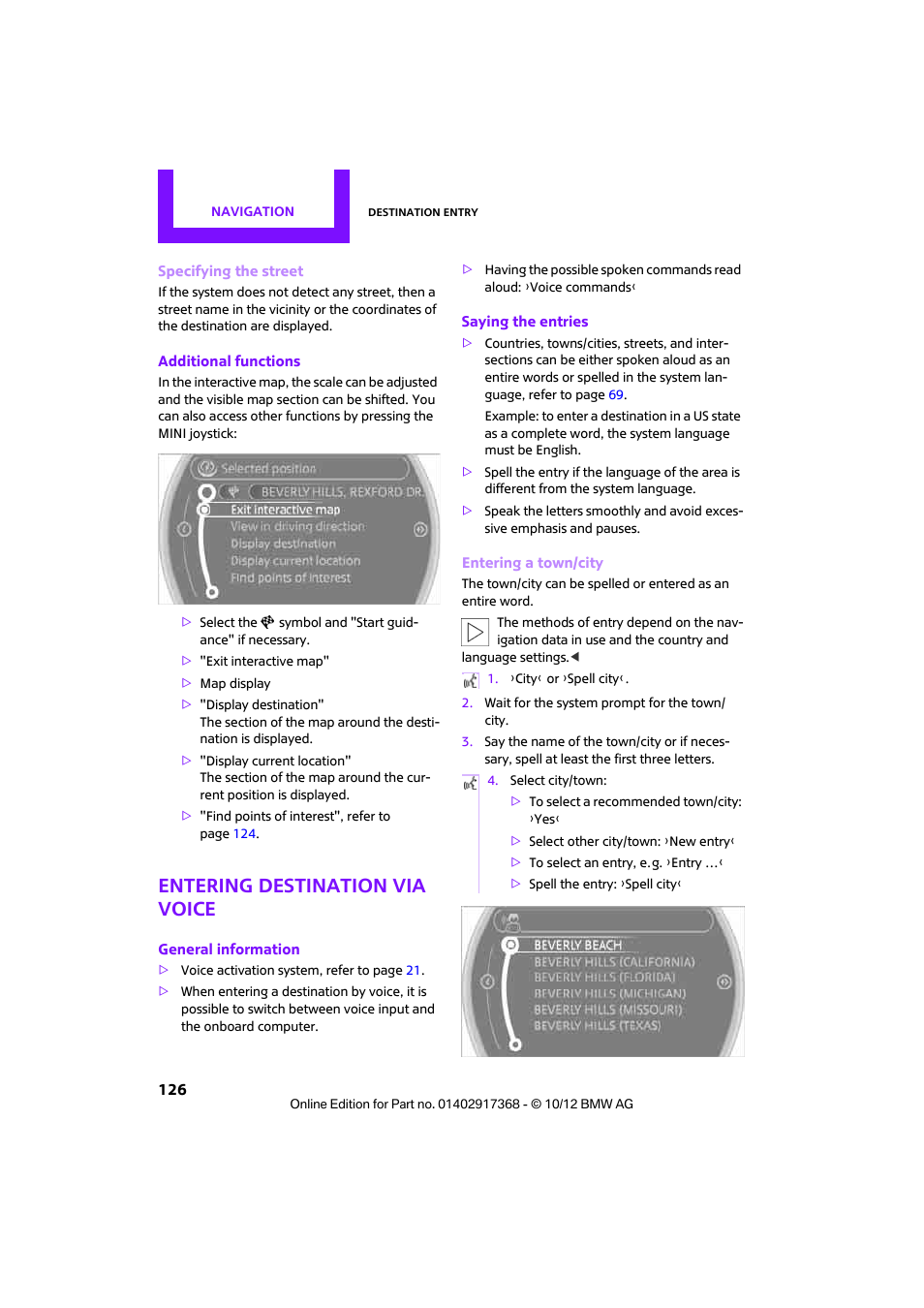 Entering destination via voice | Mini 2013 Countryman User Manual | Page 127 / 275