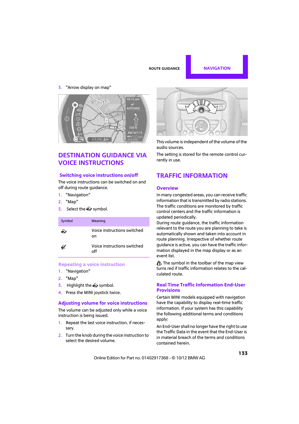 Destination guidance via voice instructions, Traffic information | Mini 2013 Countryman User Manual | Page 134 / 275