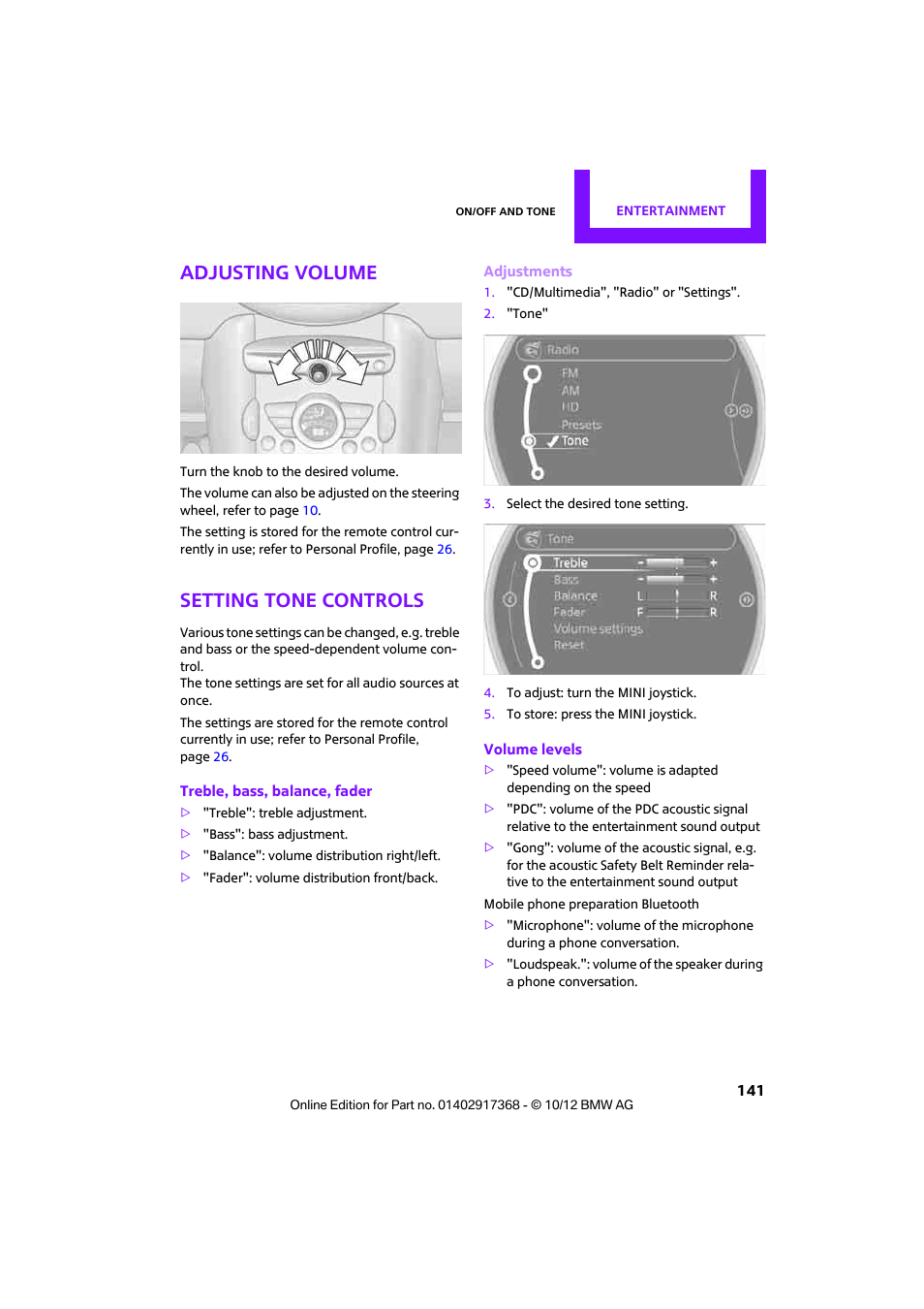 Ntrol, Adjusting volume, Setting tone controls | Mini 2013 Countryman User Manual | Page 142 / 275