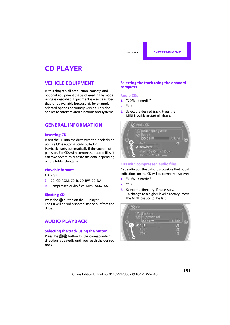 Cd player, Vehicle equipment, General information | Audio playback | Mini 2013 Countryman User Manual | Page 152 / 275