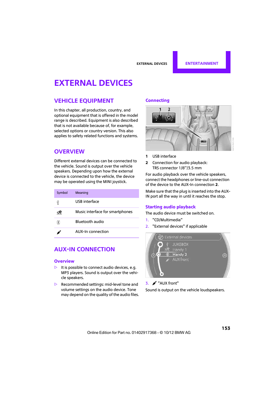 External devices, Vehicle equipment, Overview | Aux-in connection | Mini 2013 Countryman User Manual | Page 154 / 275