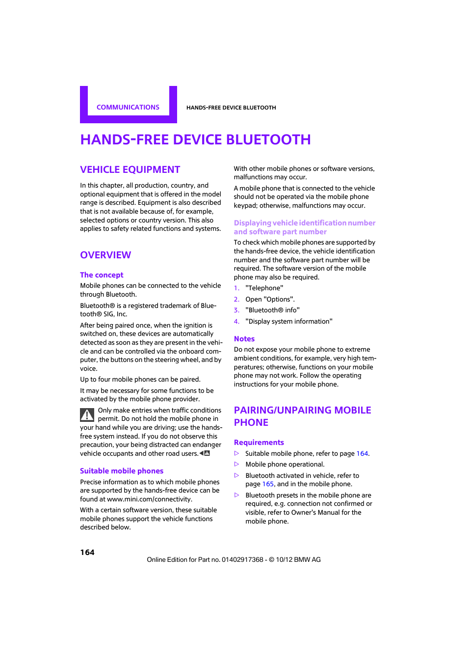 Hands-free device bluetooth, Vehicle equipment, Overview | Pairing/unpairing mobile phone | Mini 2013 Countryman User Manual | Page 165 / 275
