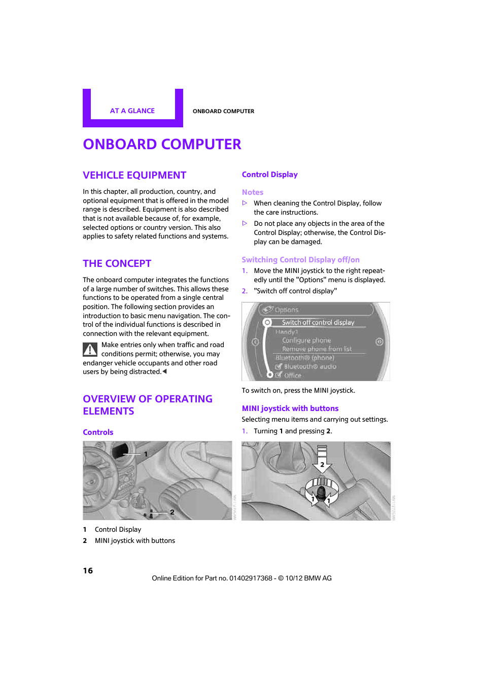 Onboard computer, Vehicle equipment, The concept | Overview of operating elements | Mini 2013 Countryman User Manual | Page 17 / 275