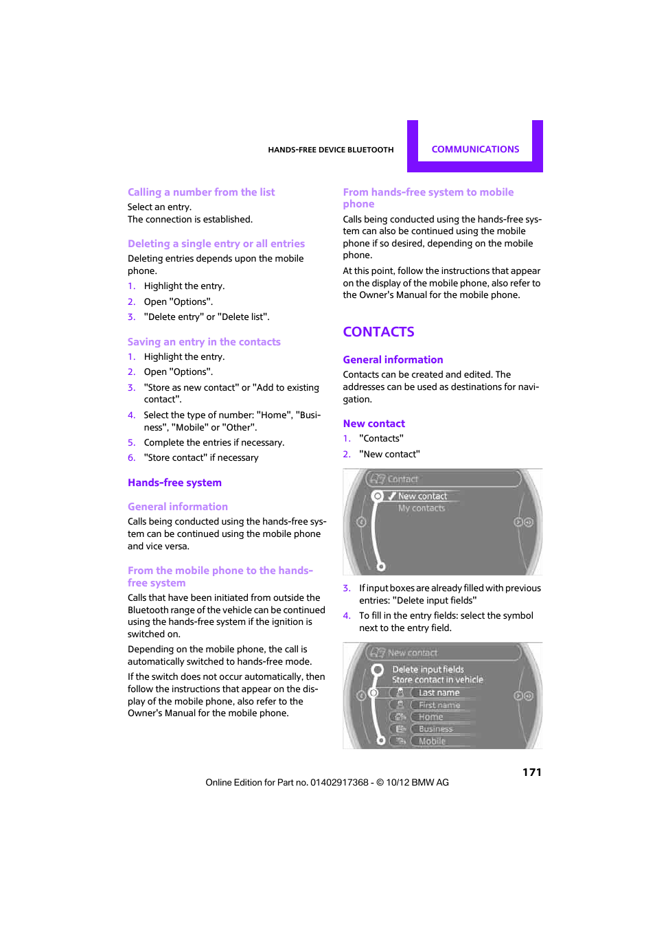 Contacts | Mini 2013 Countryman User Manual | Page 172 / 275
