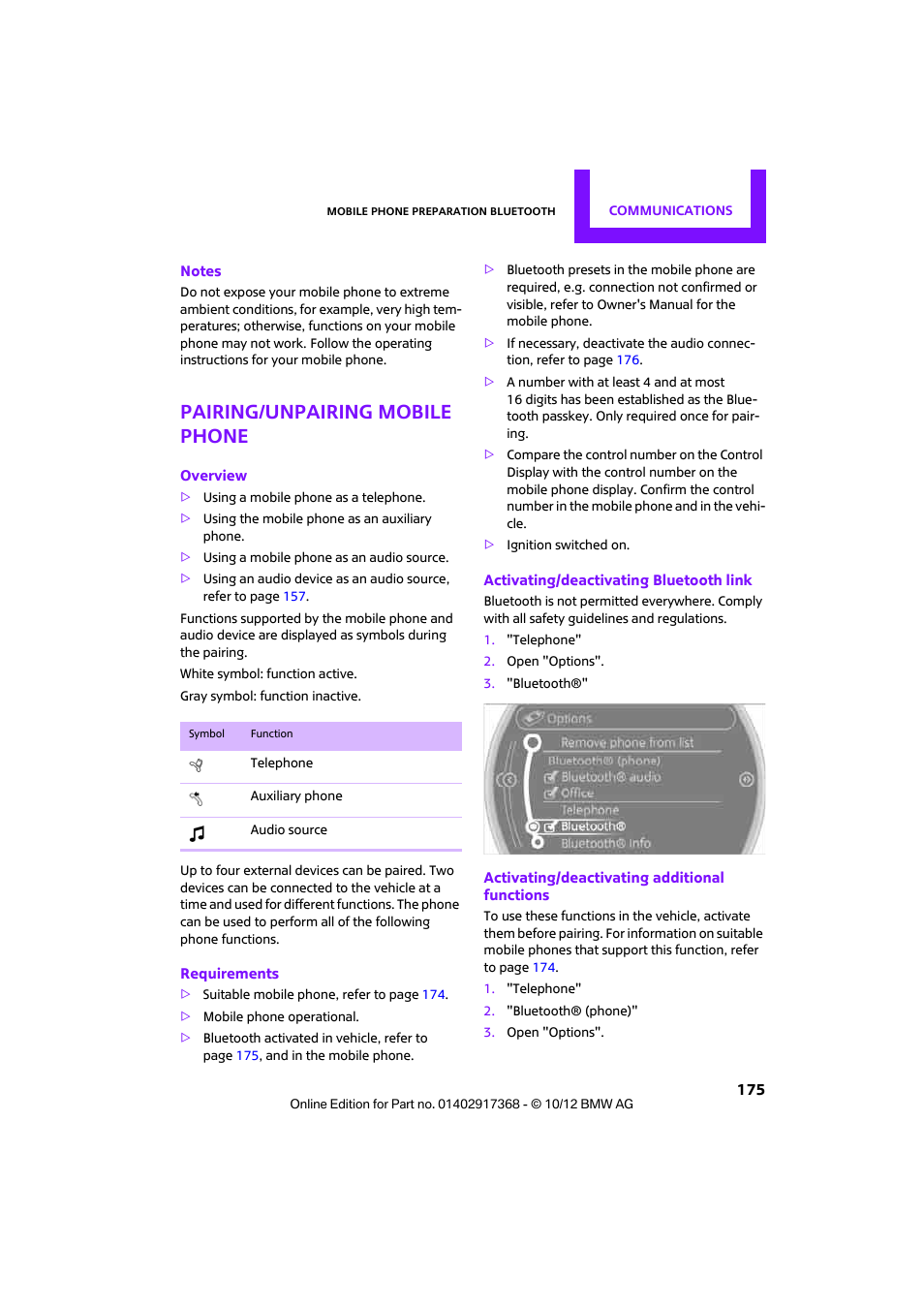 Pairing/unpairing mobile phone | Mini 2013 Countryman User Manual | Page 176 / 275