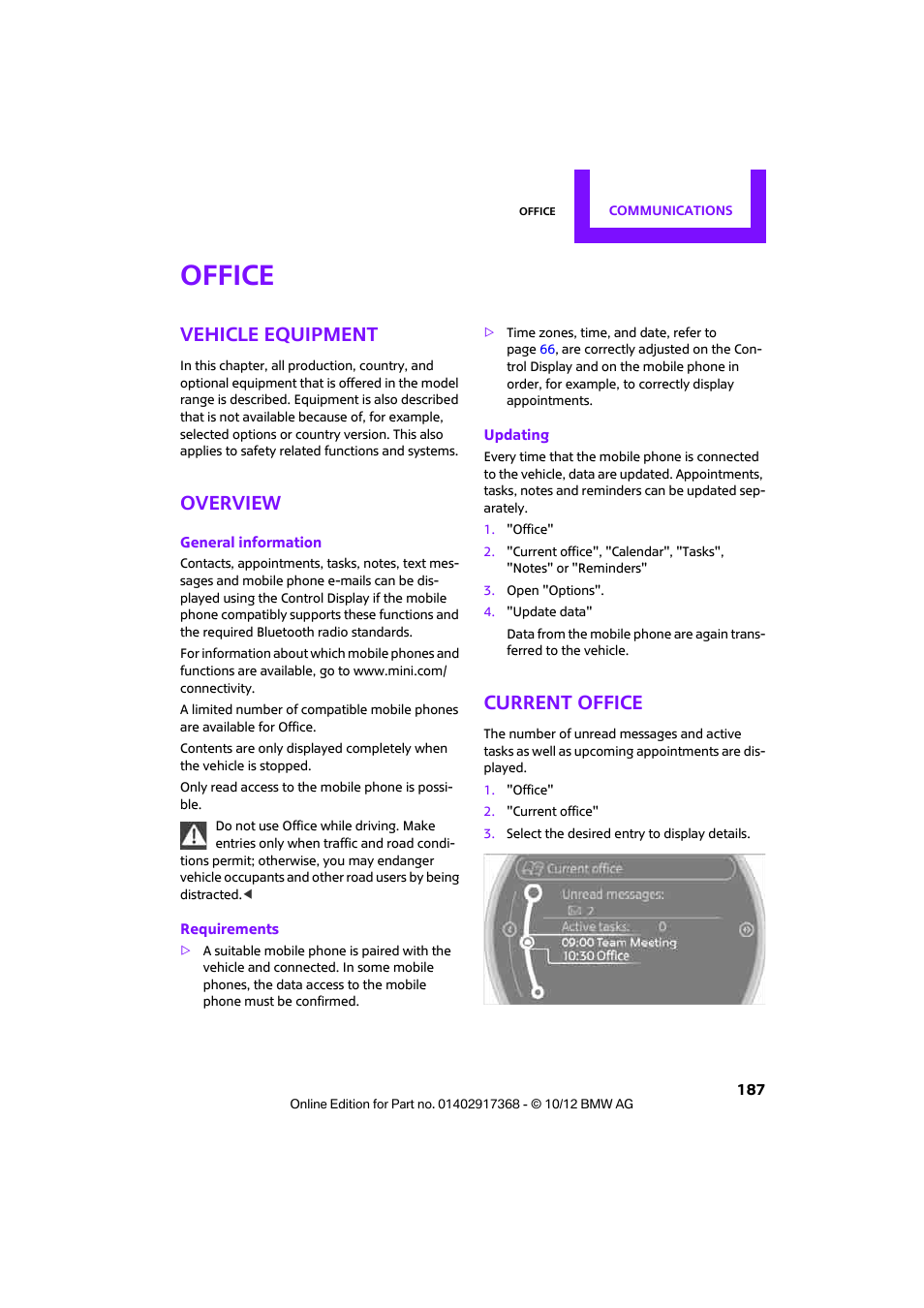 Office, Vehicle equipment, Overview | Current office | Mini 2013 Countryman User Manual | Page 188 / 275