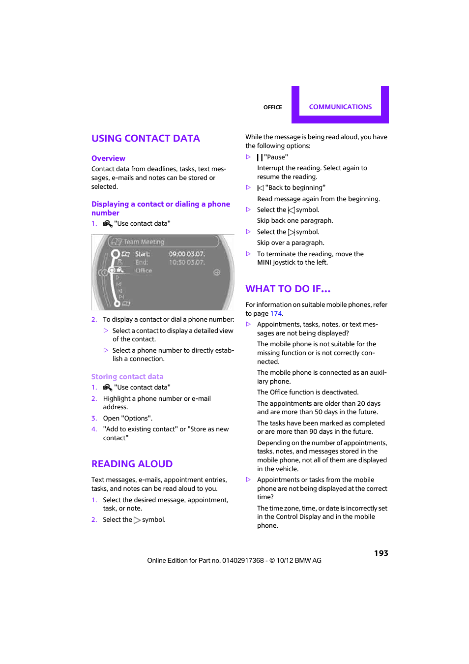 Using contact data, Reading aloud, What to do if | Mini 2013 Countryman User Manual | Page 194 / 275