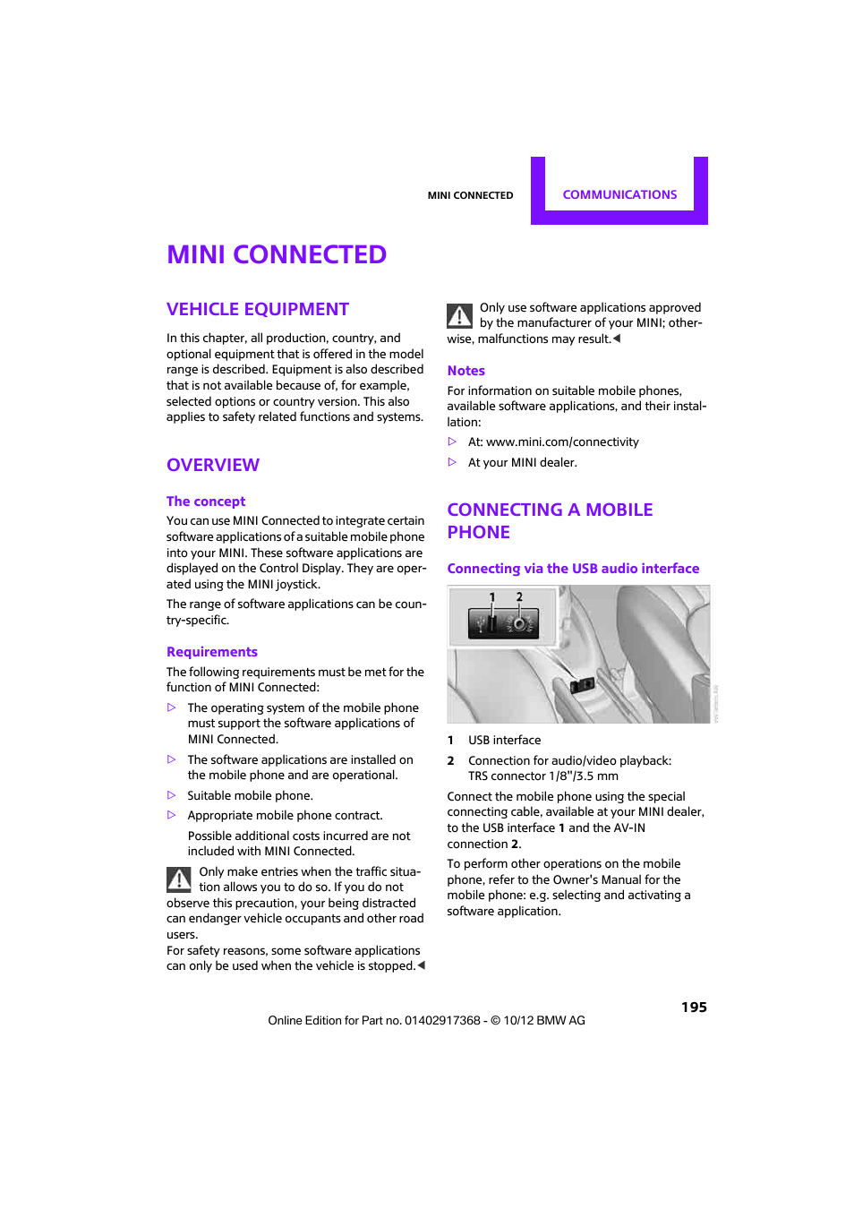 Mini connected, Vehicle equipment, Overview | Connecting a mobile phone | Mini 2013 Countryman User Manual | Page 196 / 275