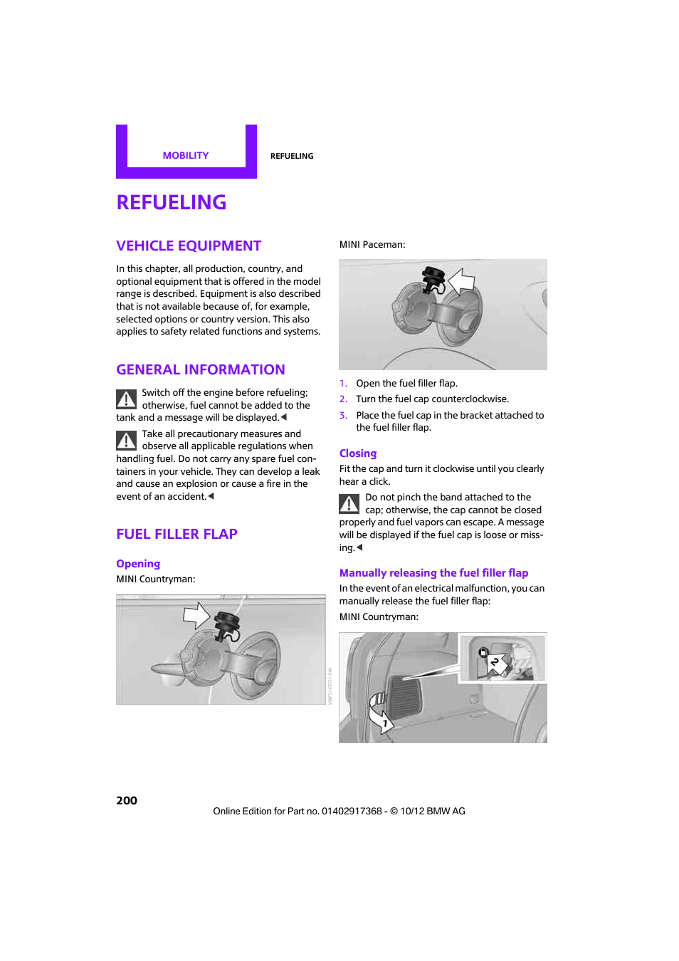 Refueling, Vehicle equipment, General information | Fuel filler flap | Mini 2013 Countryman User Manual | Page 201 / 275