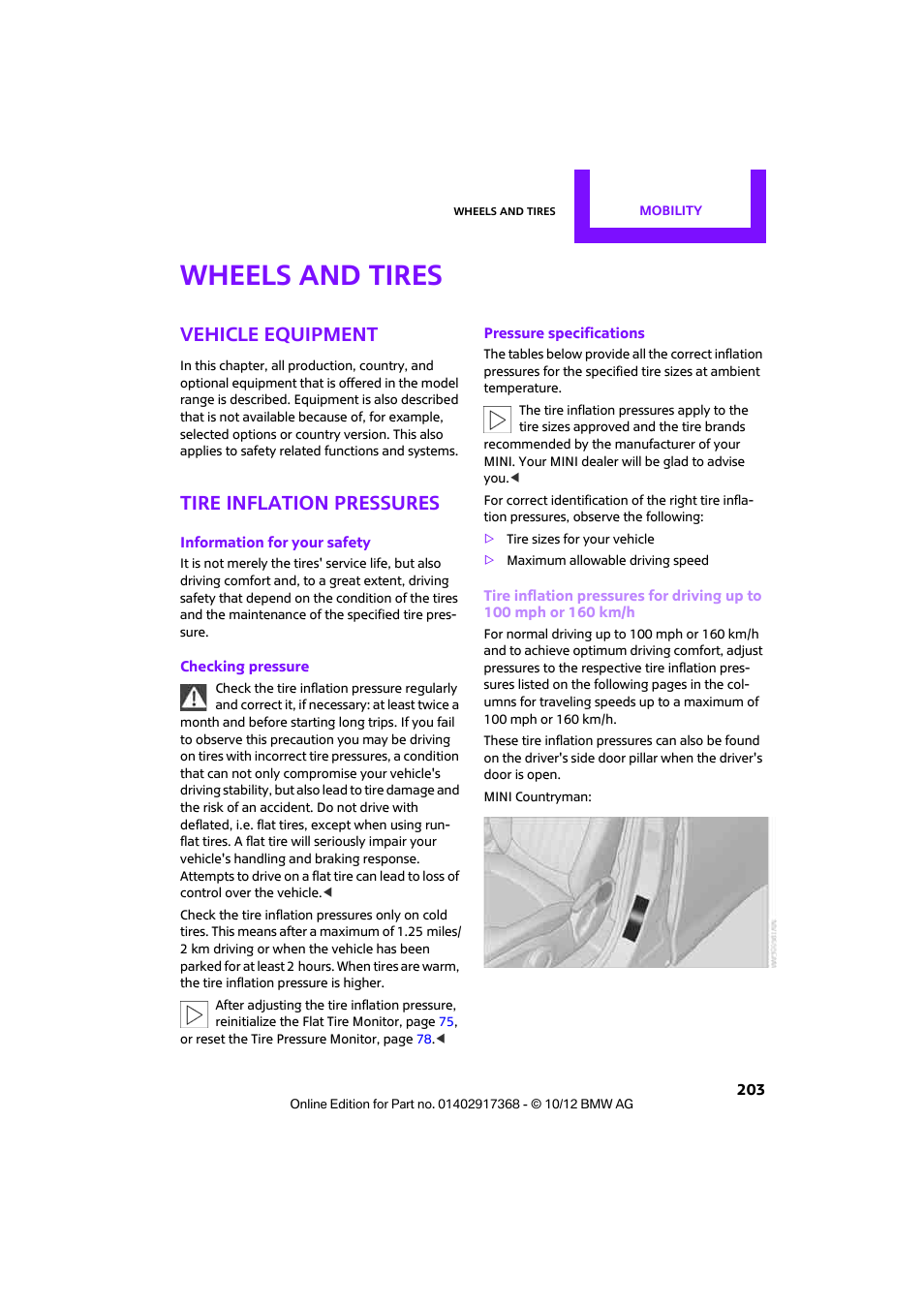 Wheels and tires, Vehicle equipment, Tire inflation pressures | Mini 2013 Countryman User Manual | Page 204 / 275