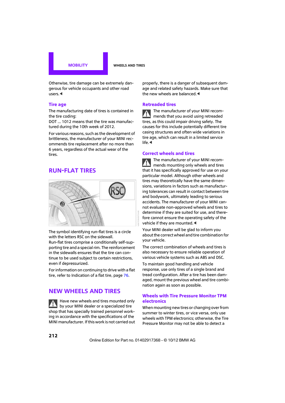 Are identi, Run-flat tires, New wheels and tires | Mini 2013 Countryman User Manual | Page 213 / 275