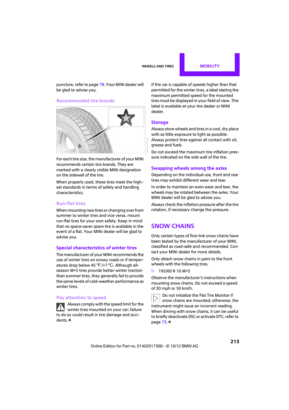 Snow chains | Mini 2013 Countryman User Manual | Page 214 / 275